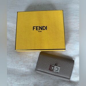 Fendi Taupe Grey Leather Key Case Wallet NEW
